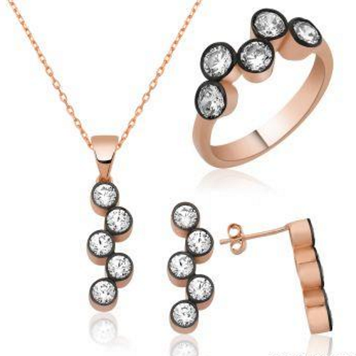 Gold White Zircon Handcrafted Five Stones Necklace Earring Ring Set 925 Sterling Silver